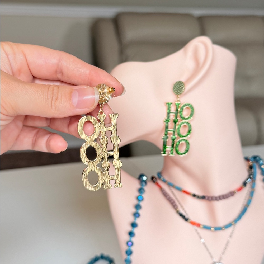 Green 'HO HO HO' Glitter Drop Earrings - Picture 5 of 9